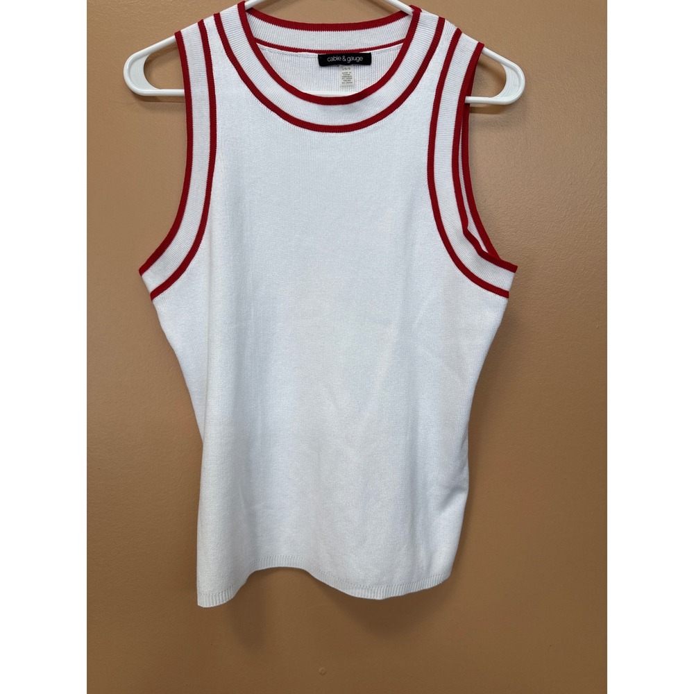 Cable & Gauge Womens Large White Red Ringer Trim Sleeveless Knit Tank Top